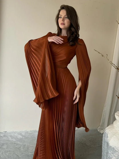 Sexy O Neck Batwing Sleeve Pleated Long Dress Women Rose Christmas Party Dress