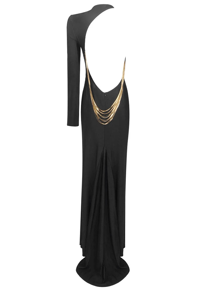 Sexy O Neck One Shoulder Backless Chain Black Long Evening Christmas Party Dress