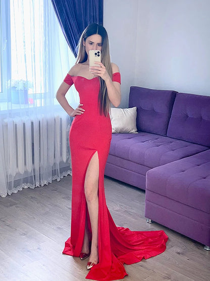 Sexy Off Shoulder Mermaid Bodycon Split Red Christmas Party Dress