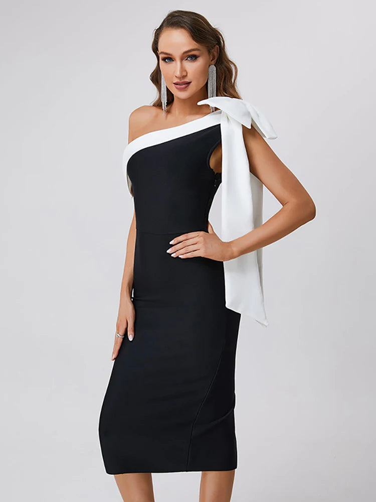 Sexy One Shoulder Bow Tie Midi Bandage Dress Black White Christmas Party Dress