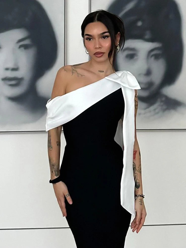 Sexy One Shoulder Bow Tie Midi Bandage Dress Black White Christmas Party Dress