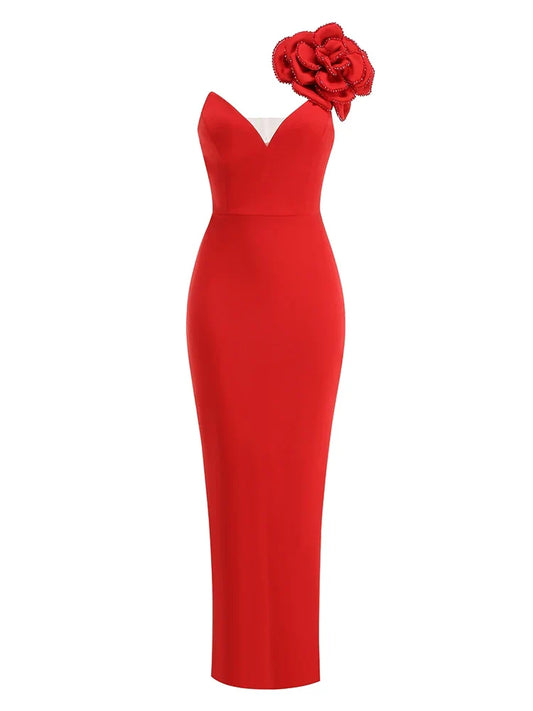 Sexy One Shoulder Diamonds Flower Patchwork Maxi Red Christmas Party Dress / Xs Dresses-L