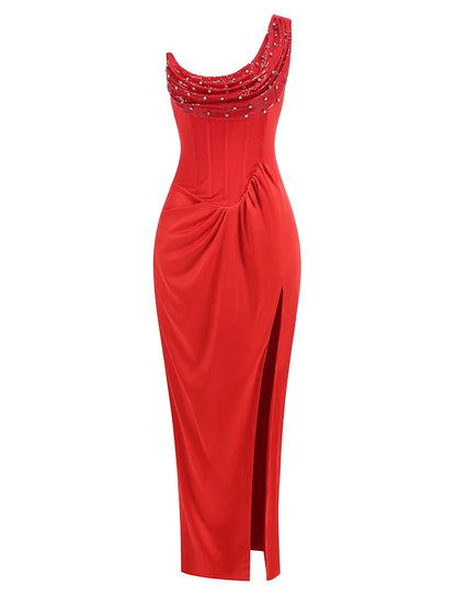 Sexy One Shoulder Embroidered Flares Slim Red Mesh Beaded Christmas Party Dress