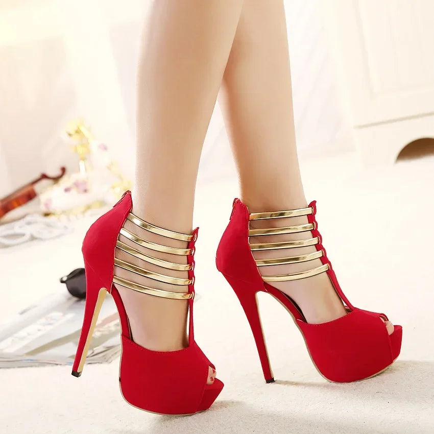 Open Toe Platform Hollow Stilettos Sandals with Rear Zipper - 16cm High Heels