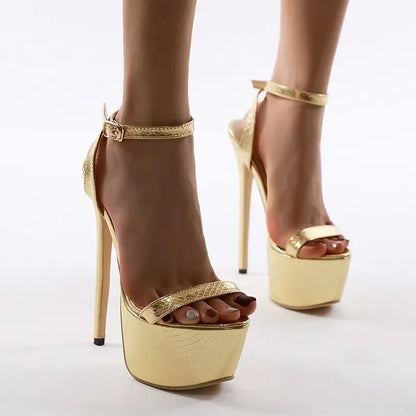 Peep Toe Buckle Strap Catwalk Stiletto Wedding Shoes Gold Platform 16cm High Heel Sandals