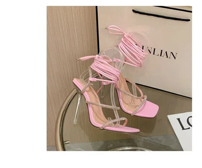 Peep Toe Leather Lace-up Ankle Strap Sandals with Rhinestone Detail