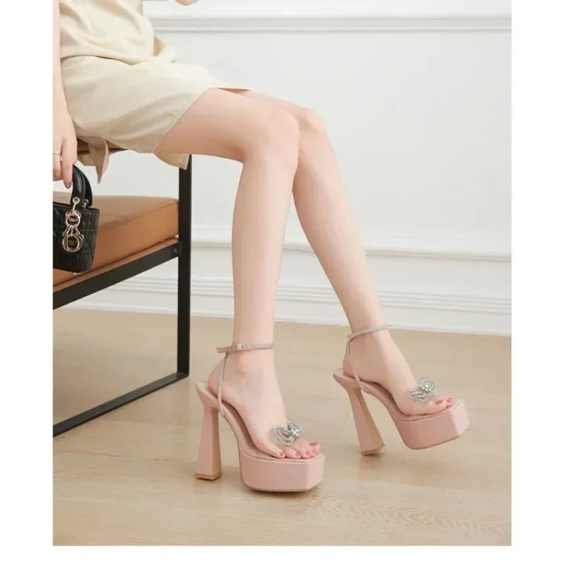 Peep Toe Platform High Heels Sandal with Rhinestone Butterfly-knot