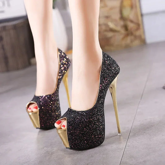 Peep Toe Platform Ultra High Heels Sequins Party Dress Sandal Pumps