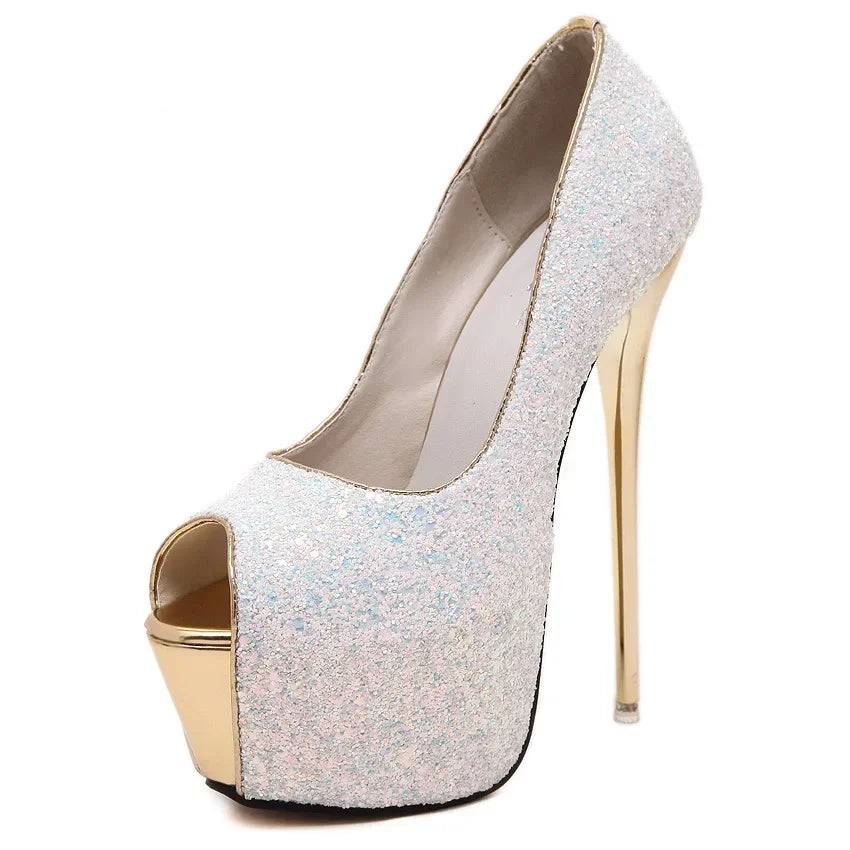 Peep Toe Platform Ultra High Heels Sequins Party Dress Sandal Pumps