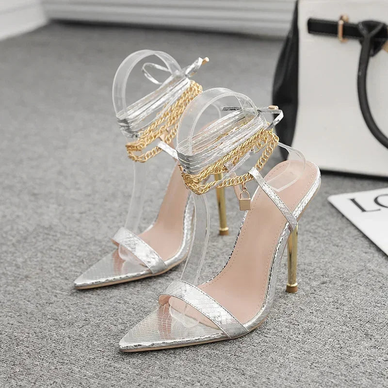 Peep Toe Pointed Stiletto Sandals with Chain Ankle Straps - Summer High Heels Party Shoes