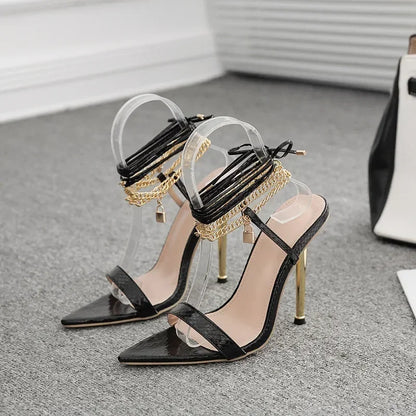 Peep Toe Pointed Stiletto Sandals with Chain Ankle Straps - Summer High Heels Party Shoes