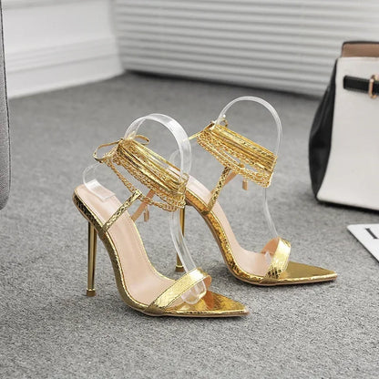 Peep Toe Pointed Stiletto Sandals with Chain Ankle Straps - Summer High Heels Party Shoes