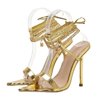 Peep Toe Pointed Stiletto Sandals with Chain Ankle Straps - Summer High Heels Party Shoes