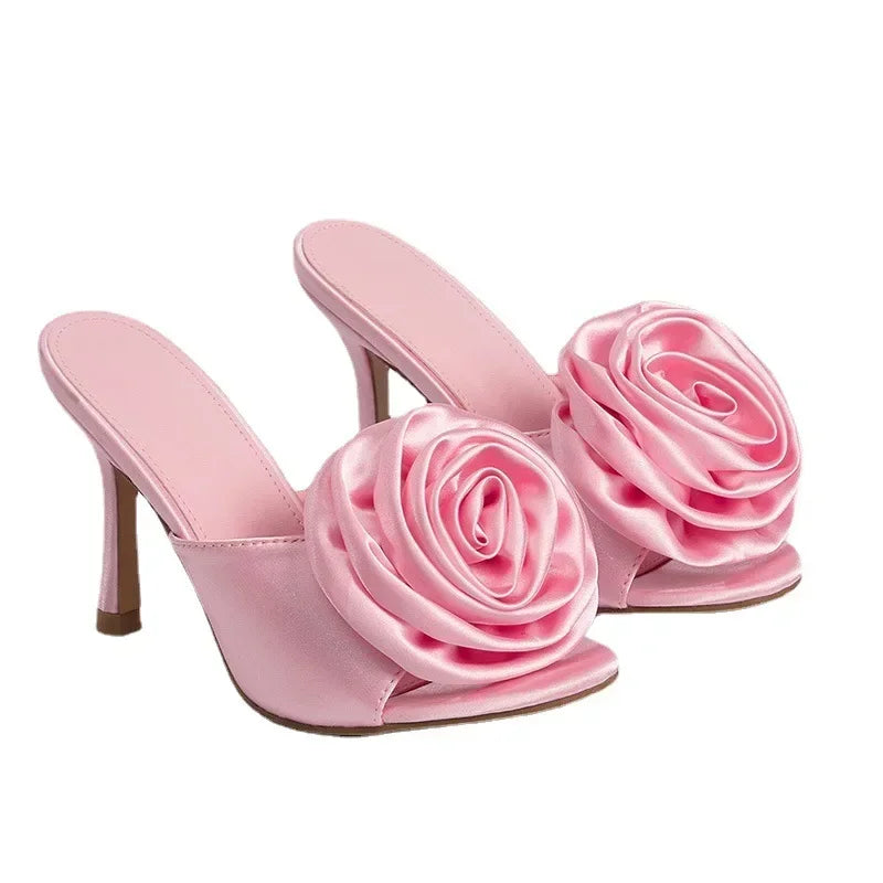 Peep Toe Rose Flower Silk Slip-On High Heel Slippers - Women's Summer Dress Sandals