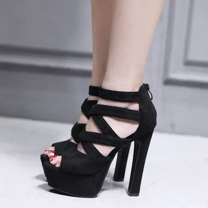 Peep Toe Suede Cross Band Platform Sandals - Black/Apricot - Ankle Strap - Back Zipper - Ultra High Heel - Party Dress Shoe