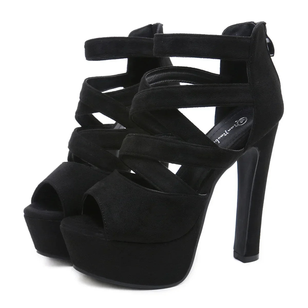 Peep Toe Suede Cross Band Platform Sandals - Black/Apricot - Ankle Strap - Back Zipper - Ultra High Heel - Party Dress Shoe