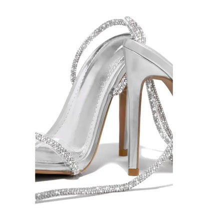 Peep Toe Stiletto Sandals with Rhinestone Strap - Square Head, High Heel Party Shoes