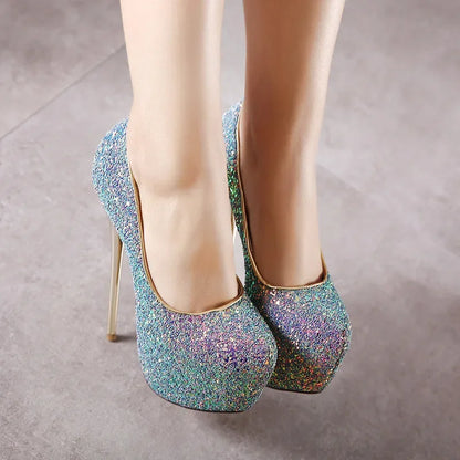 Bling Sequins Slip-On High Heels Party Wedding Shoes - Sexy Platform Shallow Pumps