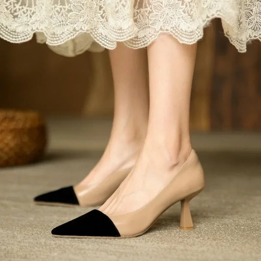 Pointed Toe Women Shoes 2024 Korean Style Fashion Apricot Black Color Block High Heels Summer Elegant Dress Shoes