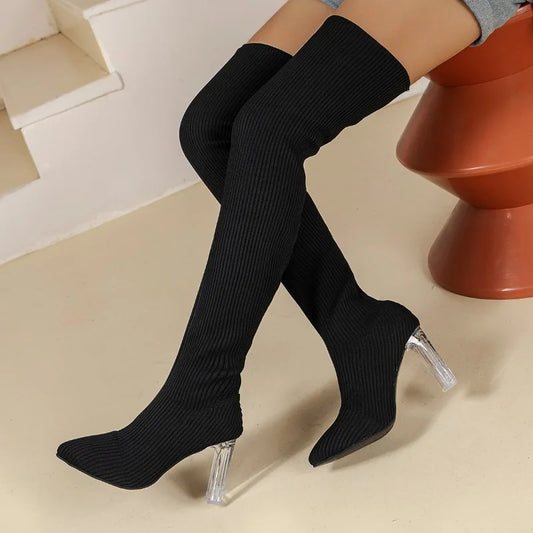 2024 Autumn New Sexy Pointed High Heel Boots - Black Over The Knee, Plus Size 43