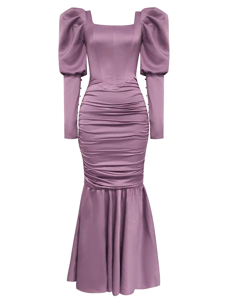 Sexy Ruffle Sleeves Square Collar Folds Purple Long Elegant Christmas Party Dress