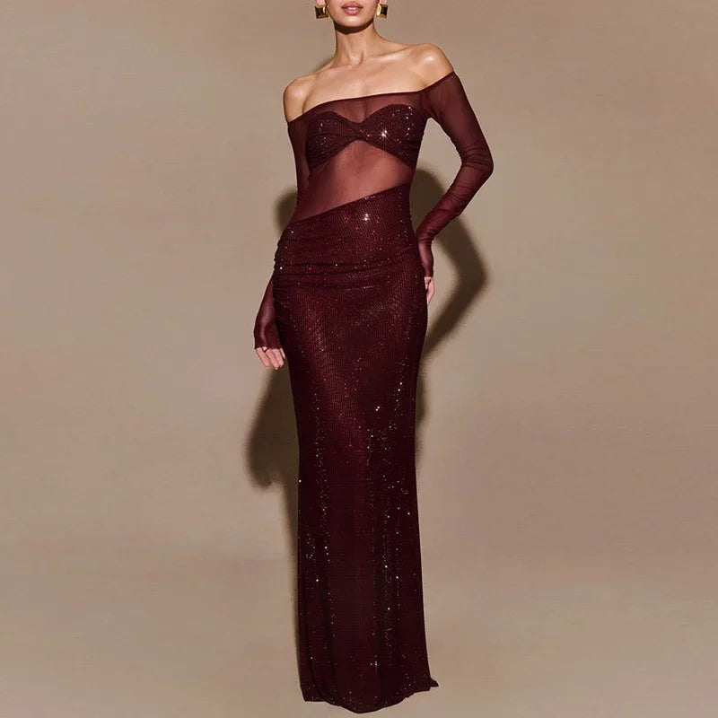 Sheer Mesh Sequin Banquet Party Dress Wine Red / S Partydress-241208