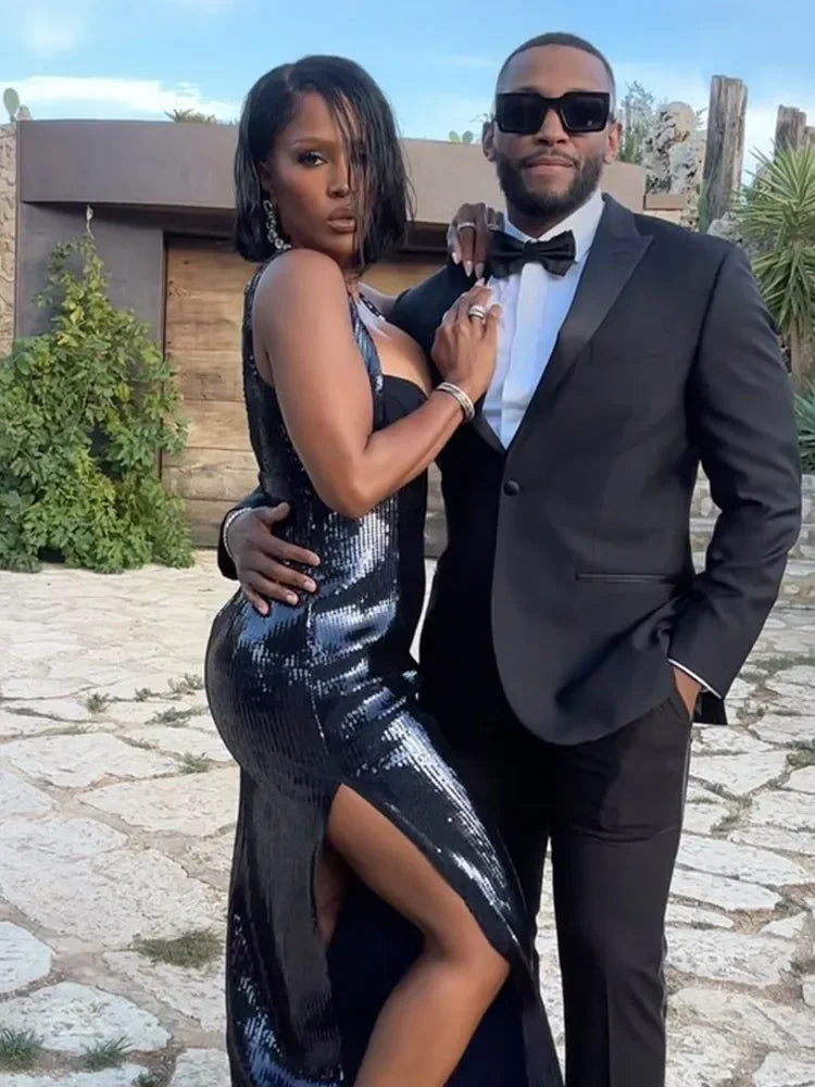 Shinny High Slit Black Hollow Party Dress