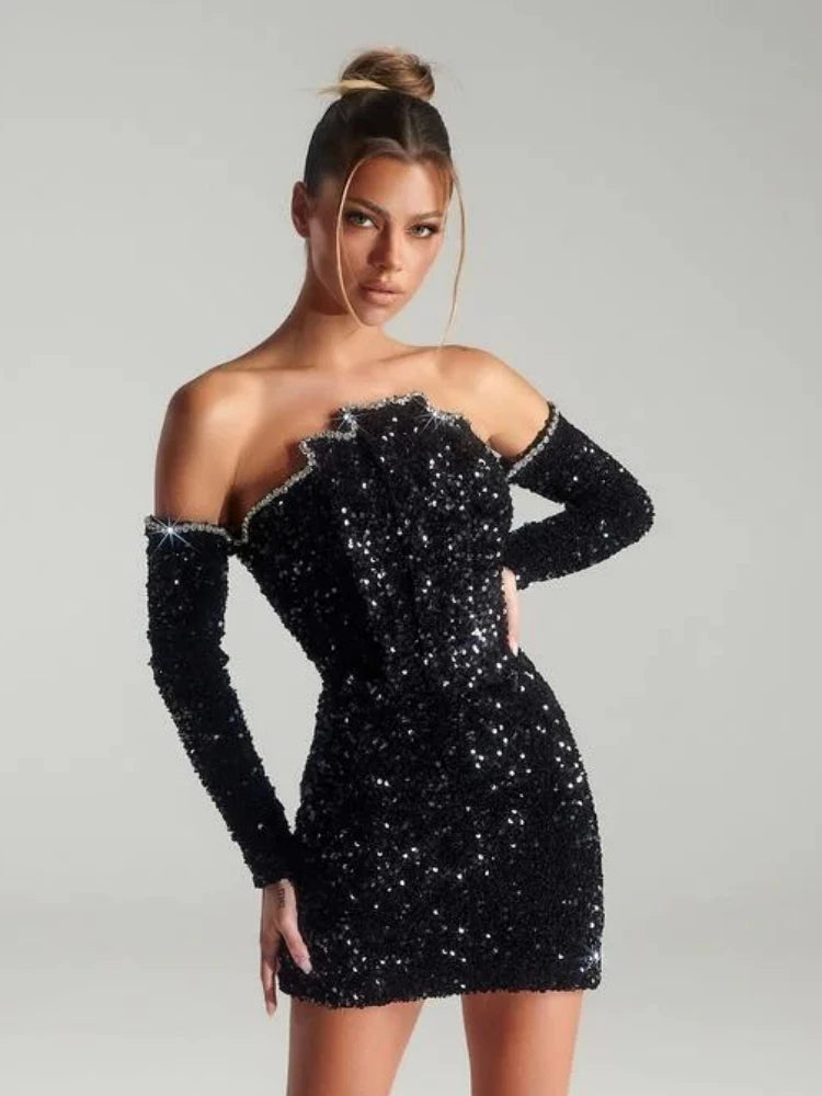 Sexy Slash Neck Long Sleeve Sparkling Sequins Dress Off Shoulder Christmas Party Dress