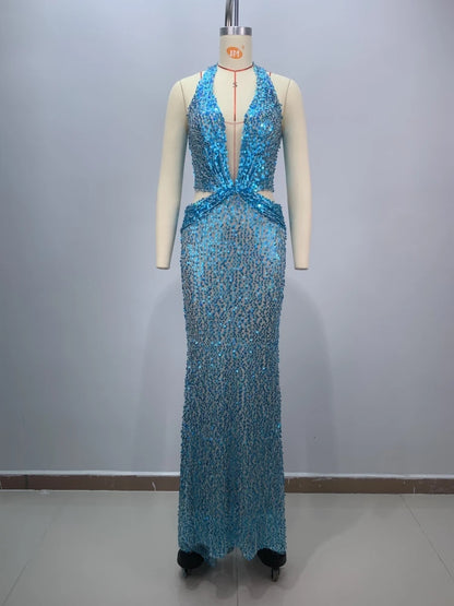 Sexy Sling Deep V-Neck Sequins Long Dress Hollow Out Slim Christmas Party Dress