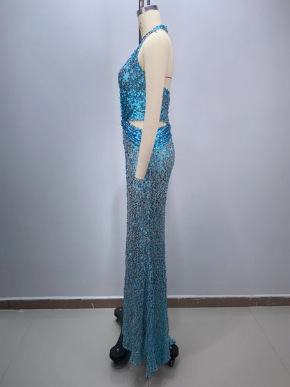 Sexy Sling Deep V-Neck Sequins Long Dress Hollow Out Slim Christmas Party Dress