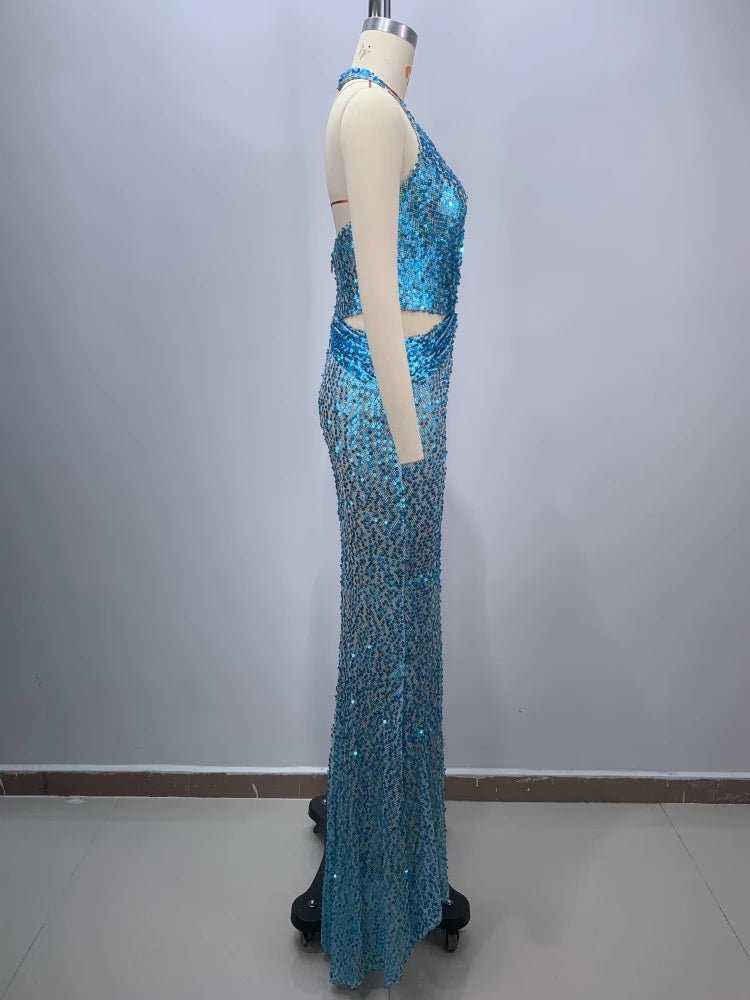 Sexy Sling Deep V-Neck Sequins Long Dress Hollow Out Slim Christmas Party Dress