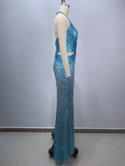 Sexy Sling Deep V-Neck Sequins Long Dress Hollow Out Slim Christmas Party Dress