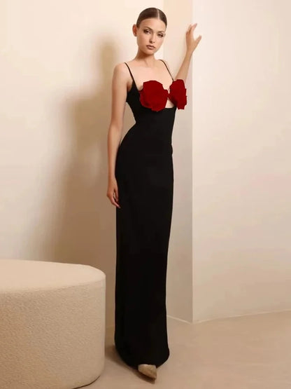 Sexy Spaghetti Strap 3D Flower Bandage Maxi Black Sleeveless Christmas Party Dress