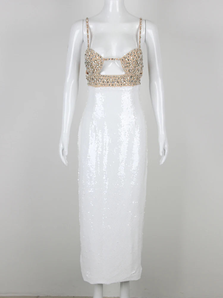 Sexy Spaghetti Strap Luxury Diamond Sequin Dress White Backless Midi Christmas Party Dress