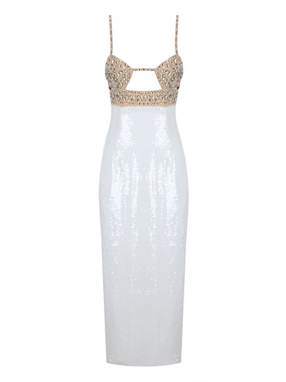 Sexy Spaghetti Strap Luxury Diamond Sequin Dress White Backless Midi Christmas Party Dress