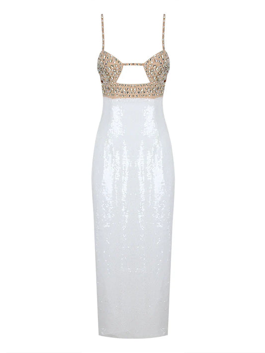 Sexy Spaghetti Strap Luxury Diamond Sequin Dress White Backless Midi Christmas Party White / S