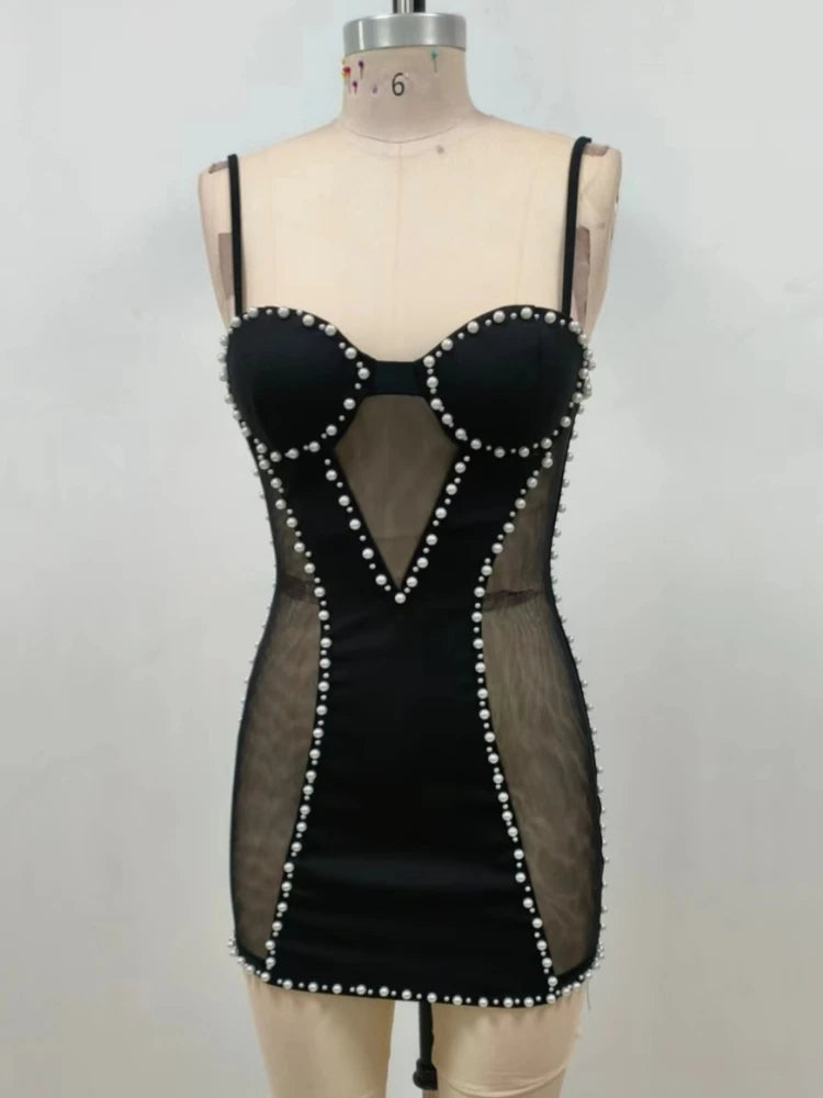 Sexy Spaghetti Strap Mesh Patchwork Pearl Mini Black Sleeveless Christmas Party Dress