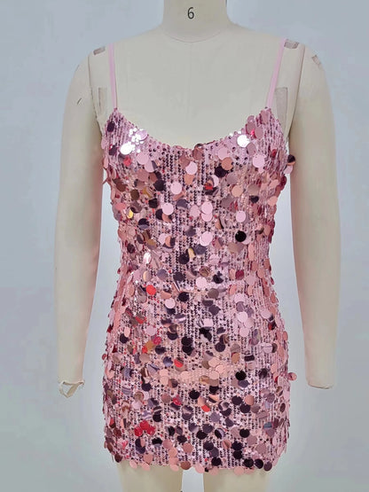 Sexy Spaghetti Strap Shiny Sequins Mini Dress Women Pink Christmas Party Dress