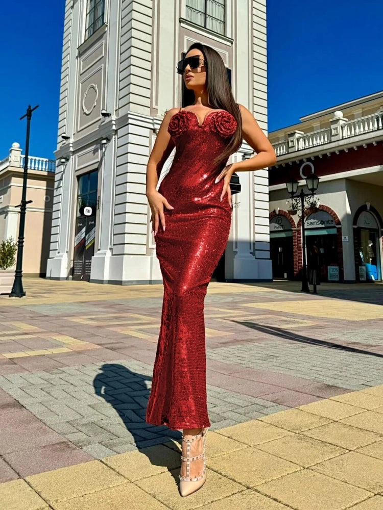 Sexy Spaghetti Straps Glitter Sequins Maxi Red Christmas Cocktail Christmas Party Dress