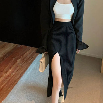 Sexy Elegant Slim Fit High-Waisted Knitted Chic Autumn Winter Midi Skirt