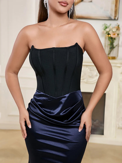 Sexy Strapless Bandage Patchwork Long Black Blue Sleeveless Christmas Party Dress