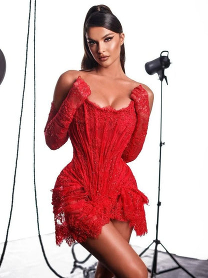 Sexy Strapless Corset Lace Mini Dress Asymmetrical Draped Celebrity Cocktail Christmas Party Dress