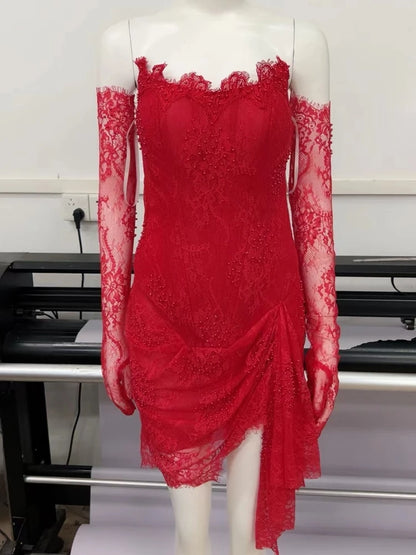 Sexy Strapless Corset Lace Mini Dress Asymmetrical Draped Celebrity Cocktail Christmas Party Dress