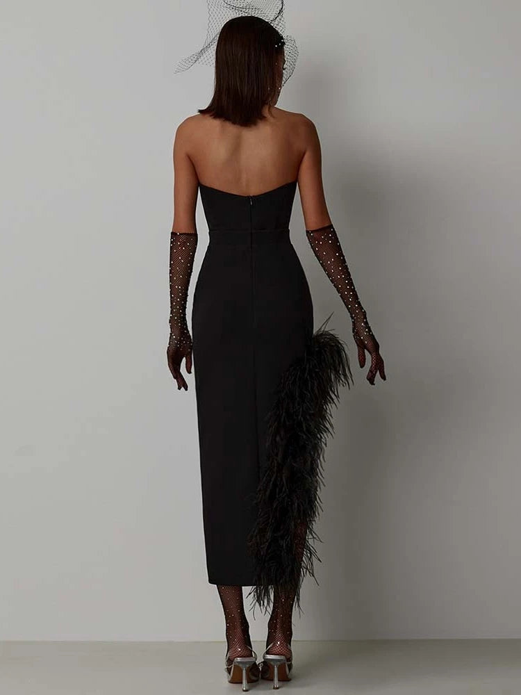 Sexy Strapless Feathers Midi Bandage Black White Backless Christmas Party Dress