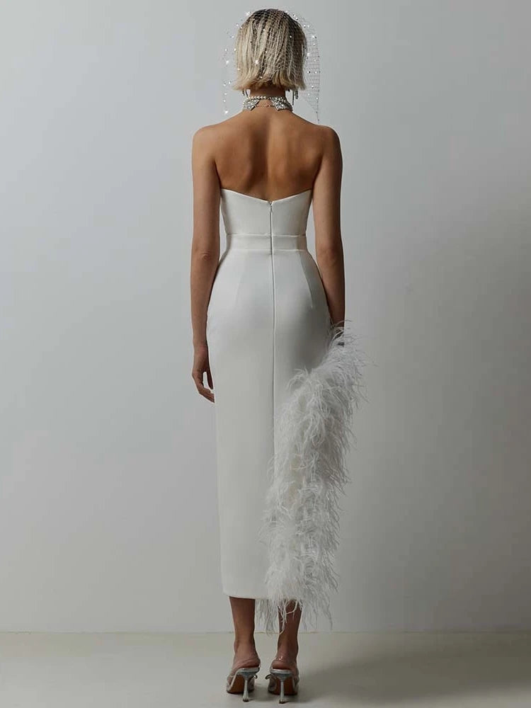 Sexy Strapless Feathers Midi Bandage Black White Backless Christmas Party Dress