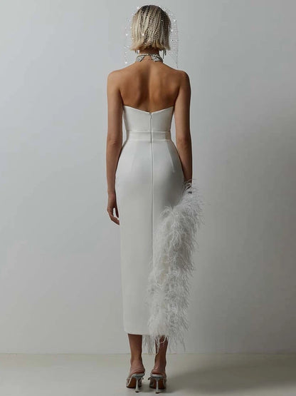 Sexy Strapless Feathers Midi Bandage Black White Backless Christmas Party Dress