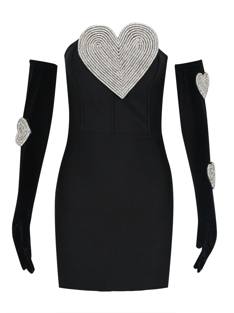 Sexy Strapless Heart Diamonds Bandage Gloves Black Backless Bodycon Christmas Party Dress