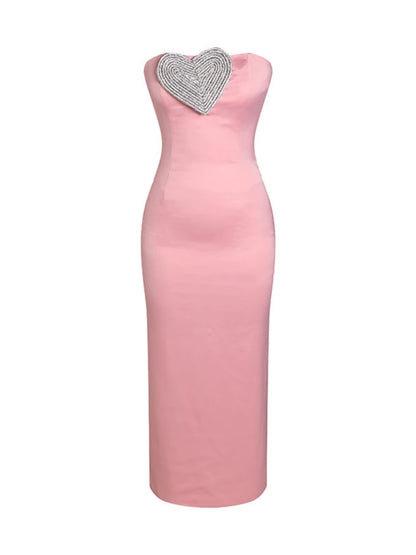 Sexy Strapless Heart Crystal Design Long Pink Sleeveless Diamonds Elegant Christmas Party Dress