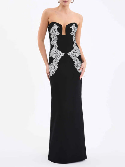 Sexy Strapless V Neck Lace Sequin Design Black Velvet Christmas Party Dress