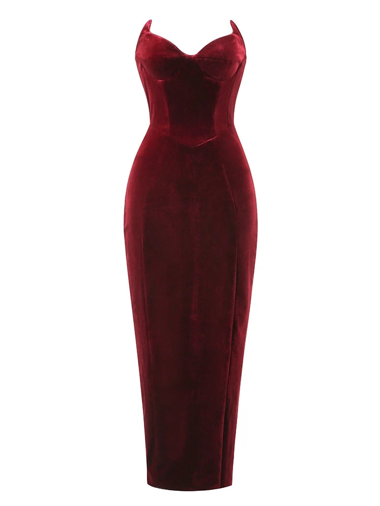 Sexy Strapless V Neck Velvet Maxi Dress Women Burgundy Black Christmas Party Dress